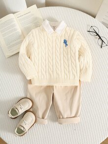 SHEIN 男女嬰兒適用 男嬰秋冬可愛百搭奶油色圓領針織毛衣，男嬰秋冬服飾，柔軟舒適，復古風 - 杏色 - 查看 7