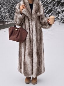SHEIN EZwear Women's New Brown Long Faux Fur Collar Coat, Winter - Beige - View 5