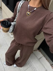 Livesso Women's Solid Color Round Neck Long Sleeve Sweater And Knitted Pants Casual Set, Autumn/Winter - Coffee Brown - View 1