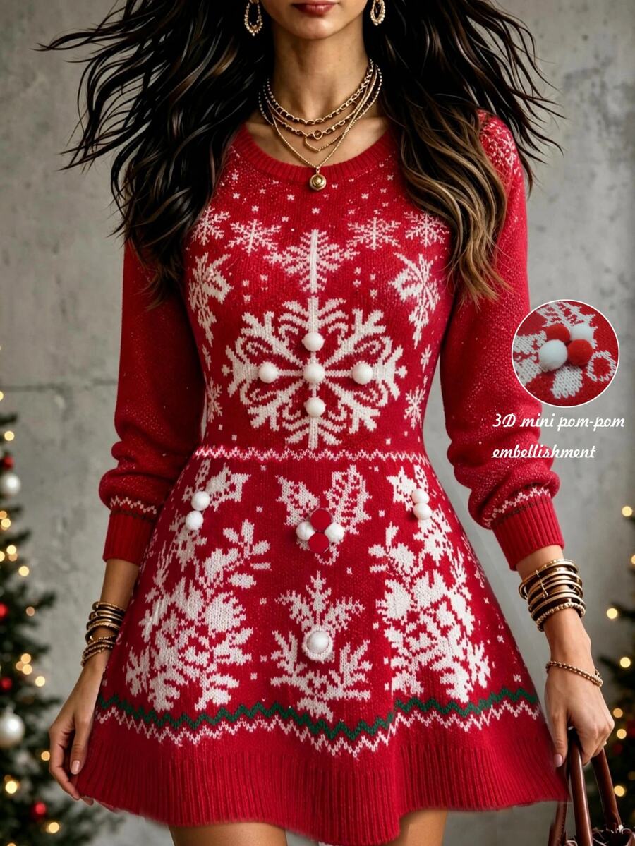 Linavere Women's Christmas Jacquard 3D Decorative Sweater Dress - Red - View 1