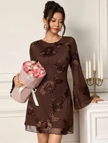 EastFlair Women's French Style Long Sleeve Embroidered Dress For Vacation - Mocha Brown - View 7