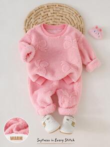 Cozy Pixies Baby Girl Knit Solid Color Faux Fur Long Sleeve Top And Pants Set, 2 Pieces Loungewear, Suitable For Autumn/Winter - Baby Pink - View 7