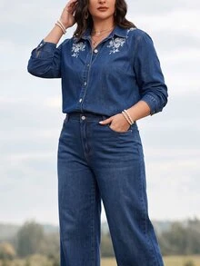 EMERY ROSE Winter Vintage Loose Fit Button Down Embroidered Denim Dark Blue Commute Office Warm Plus Size Denim Top For Women - Dark Wash - View 3