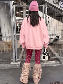 青少年女孩圓領蝴蝶圖案運動衫與內搭褲2件套 - 白色 - 查看 2