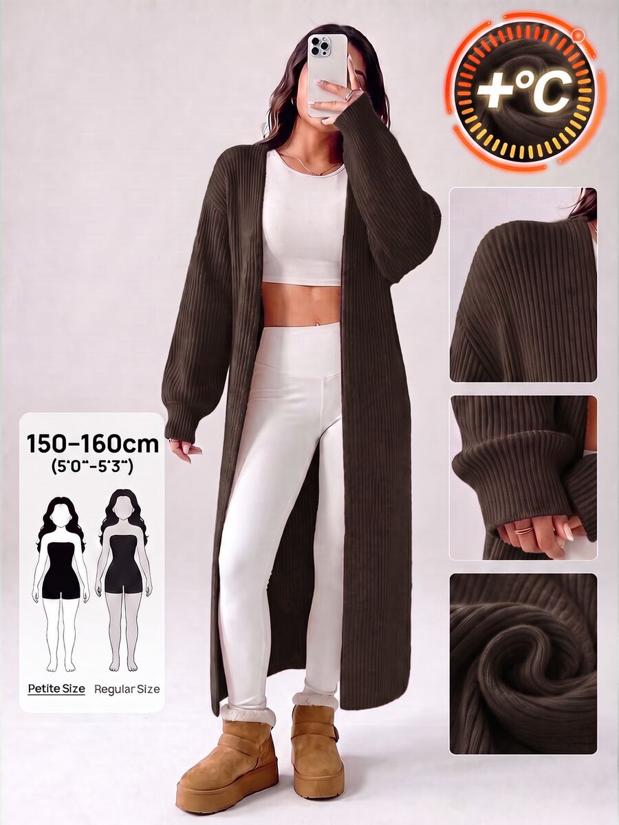 SHEIN PETITE 女款保暖開襟衫,適合秋冬外出與日常旅行,米色休閒風 - 巧克力棕 - 查看 1