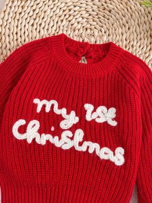 SHEIN Newborn Baby Letter Pattern Casual Daily Long Sleeve Sweater - Red - View 7