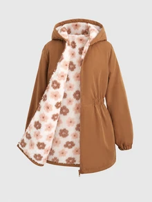 SHEIN Tween女孩兒童冬季棕色花卉保暖內裡拉鍊連帽外套，彈性腰頭，加厚休閒通勤秋冬外套 - 棕色 - 查看 5