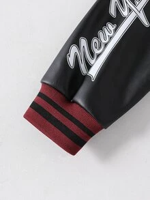 SHEIN 黑色皮革與紅色針織字母印花運動衫，時尚舒適，適合秋冬戶外穿著 - 酒紅色 - 查看 7
