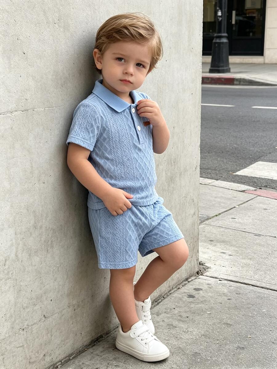 SHEIN Vintaside Kids 2件組男嬰夏季休閒套裝 鈕扣羅紋 Polo 衫搭配鬆緊腰短褲套裝 - 藍色 - 查看 1