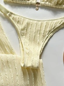 SHEIN Swim 26SS 春夏度假海灘波希米亞風編織棕紅色比基尼泳衣附褲子 3 件套 - 綠色 - 查看 6