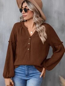 SHEIN LUNE Notched Neckline Lantern Sleeve Blouse,Casual - Brown - View 7