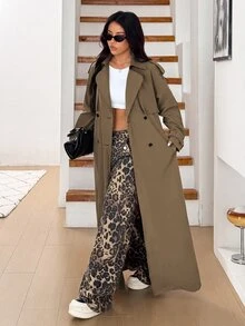 SHEIN EZwear 女款休閒法式優雅日常春秋款翻領雙排扣長版風衣 教師節辦公穿搭卡其色 - 棕色 - 查看 3
