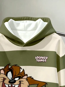 LOONEY TUNES X SHEIN Daypath 男士卡通圖案印花長袖連帽衫 大學校園風 綠色與白色條紋 秋季街頭穿搭 - 橄欖綠 - 查看 4