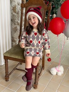 DAZY Infant (Girl) Round Neck Diamond Pattern Long Sleeve 2 Pieces Sweater Set - Apricot - View 6