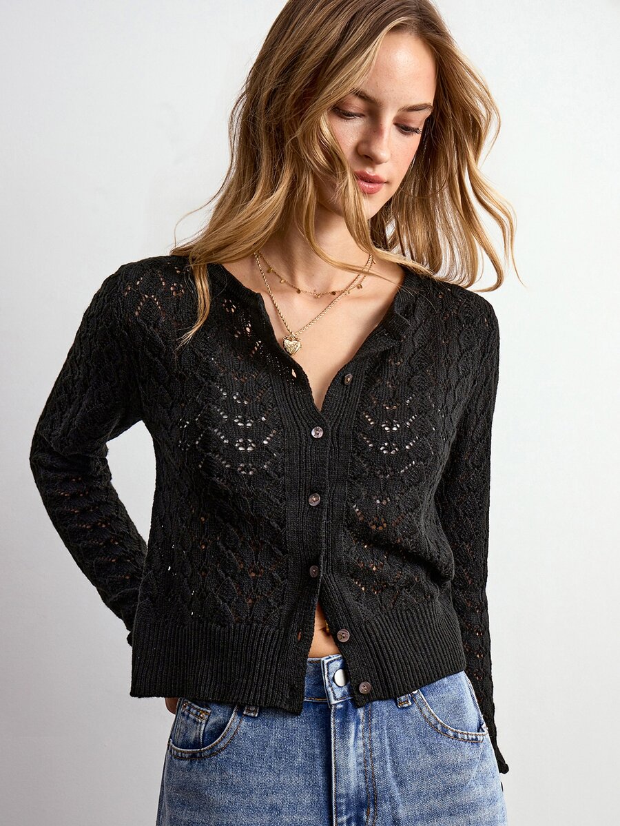 Willow Rêve Women's Solid Color Casual Versatile Daily Outing Cardigan - Black - View 1
