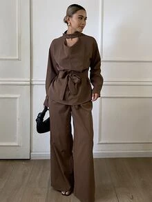 Livesso Women's Solid Color Knot Waist Long Sleeve Top And Pants Casual Daily 2 Pieces Set - Coffee Brown - View 4