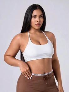 Rhythm Era Women's Plus Size Solid Color Halter Neck Everyday Fitness Sports Bra - White - View 4