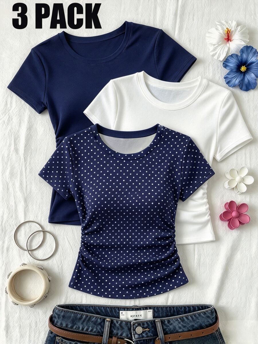 3PCS Teen Girls T-Shirts - Multicolor - View 1