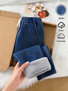Genkimix Kids 女童藍色保暖內裡直筒牛仔褲，抽繩腰頭，加厚毛絨內裡，休閒返校褲，適合秋冬 - 寶藍色 - 查看 3