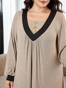 Al Najma Plus Size Women's Pleated Button Arabian Dress - Coffee Brown - View 6
