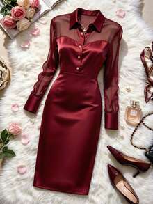 GlowEve Women's Mesh Patchwork Casual Party Midi Dress - Burgundy - View 1
