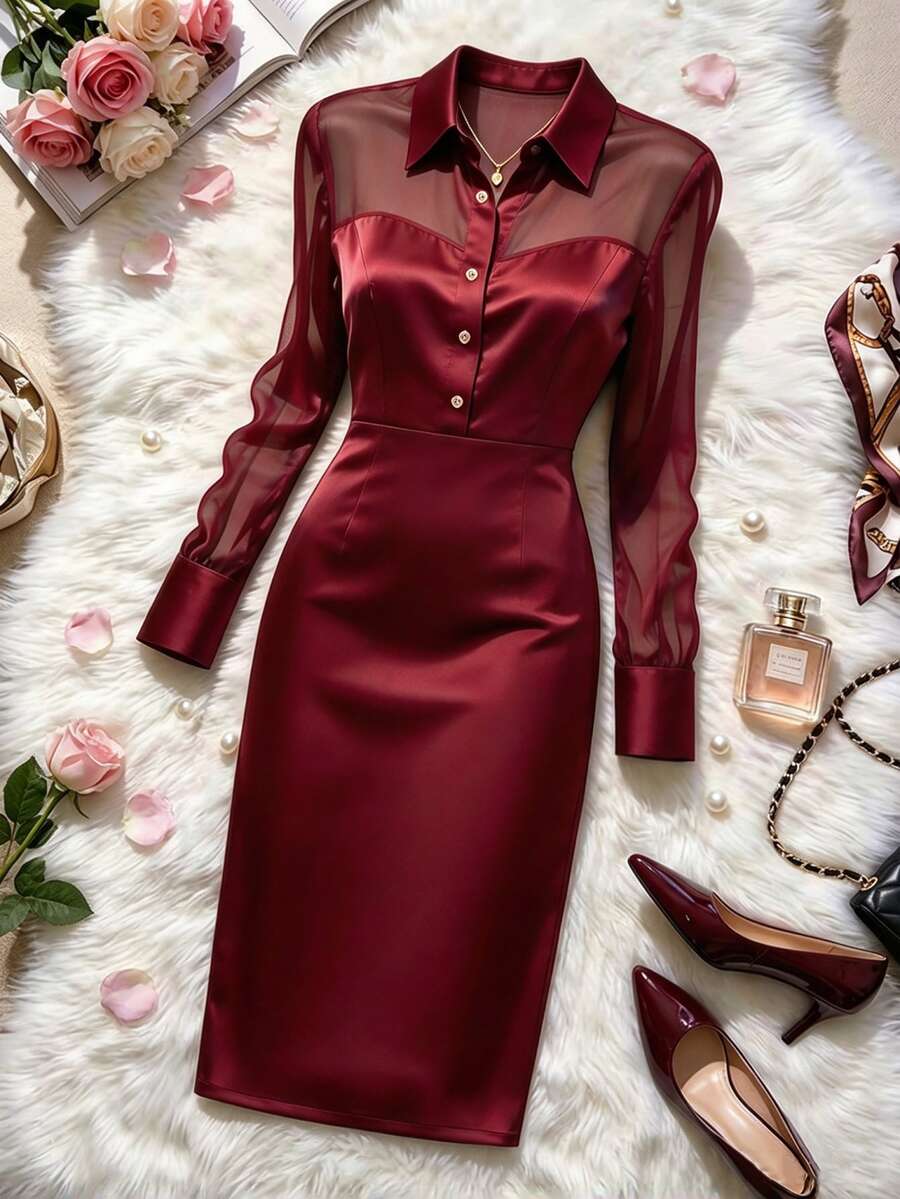 GlowEve Women's Mesh Patchwork Casual Party Midi Dress - Burgundy - View 1