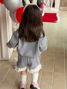 DAZY Baby Girl Contrast Lace Button Half-Placket Long Sleeve Sweatshirt And Shorts Cute Set - Light Grey - View 2