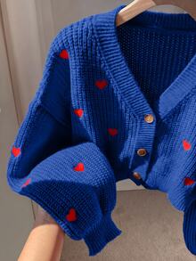 Comfortcana 女款休閒愛心刺繡開襟衫，秋冬款 - 寶藍色 - 查看 3