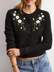 Willow Rêve Women's Floral Embroidered Cable Knit Black Round Neck Long Sleeve Cardigan Sweater - Black - View 5