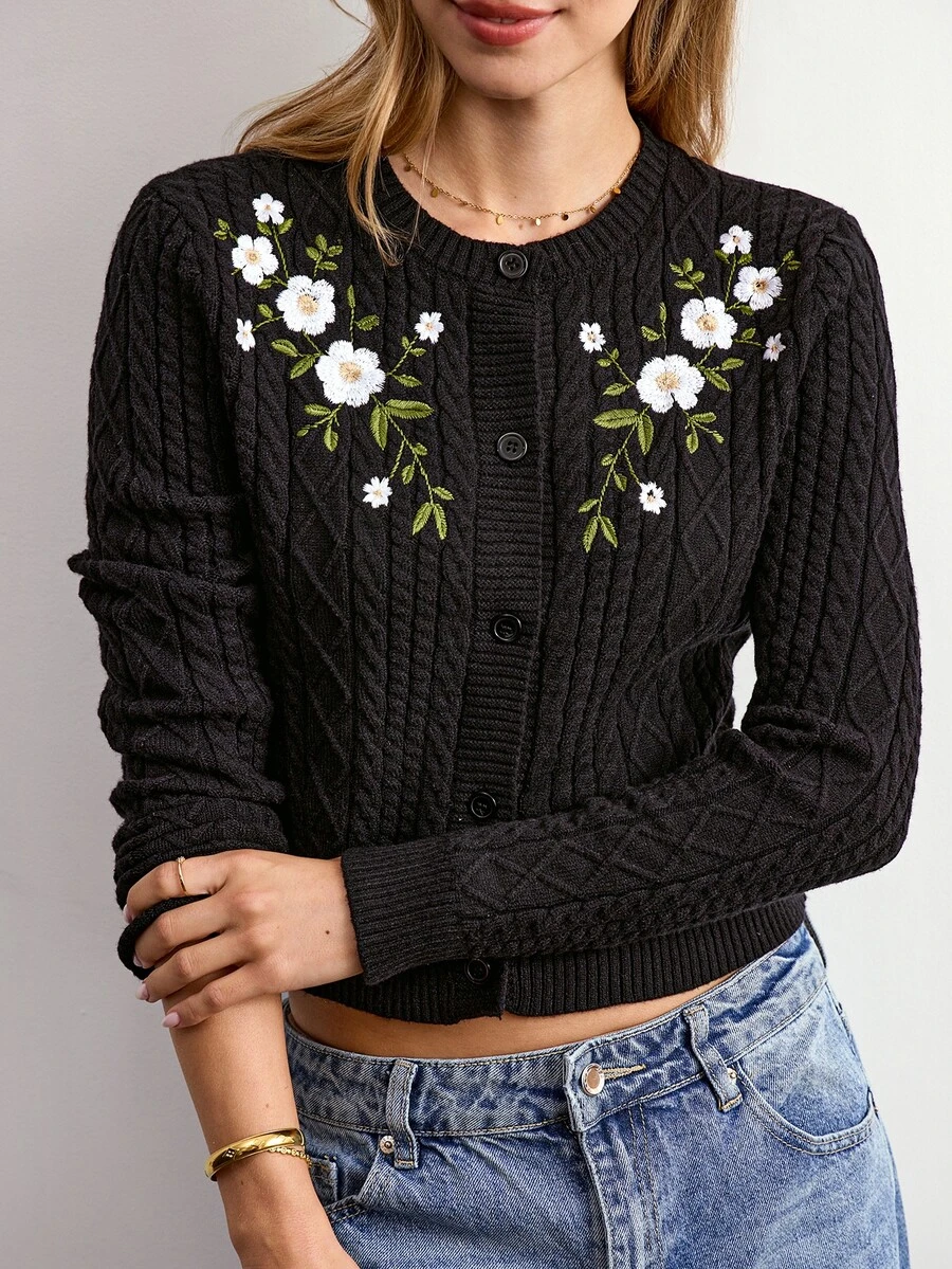 Willow Rêve Women's Floral Embroidered Cable Knit Black Round Neck Long Sleeve Cardigan Sweater - Black - View 1