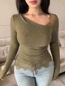 Dazy Plus Autumn Asymmetrical Shoulder Long Sleeve Fitted Lace Patchwork Knit Green Sexy Elegant Commute Party T-Shirt - Army Green - View 5