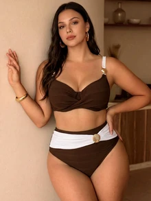 Swim Chiccia 2026 New Plus Size French Luxury Vacation Style Underwire Push-Up Non-Removable Cup High Waist Tummy Control Shaping Slimming Two Pieces Bikini Swimsuit Set - Brown - View 1