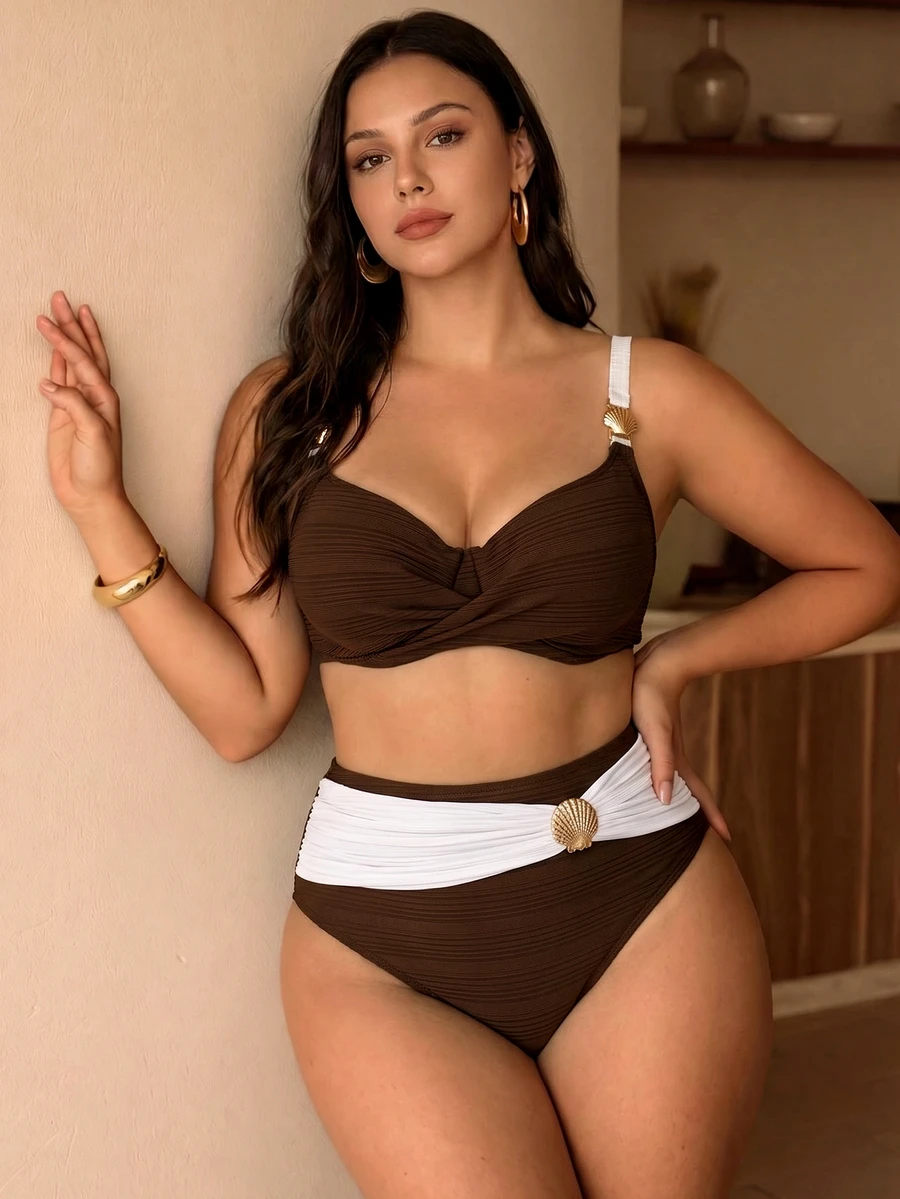 Swim Chiccia 2026 New Plus Size French Luxury Vacation Style Underwire Push-Up Non-Removable Cup High Waist Tummy Control Shaping Slimming Two Pieces Bikini Swimsuit Set - Brown - View 1