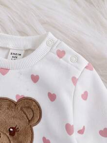 SHEIN 新生兒毛絨泰迪熊刺繡愛心圖案加厚抓絨衛衣與百搭印花長褲套裝，冬季可愛舒適 - 粉色 - 查看 4