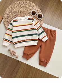 SHEIN 新生兒條紋長袖運動衫與長褲休閒套裝 - 卡其色 - 查看 4