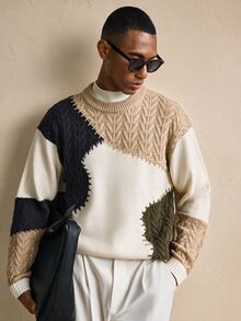 AKNOTIC 男士秋冬拼接配色圓領長袖休閒毛衣 - 彩色 - 查看 6
