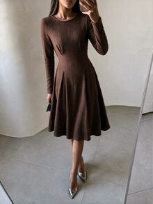 Modelyn Women Round Neck Long Sleeve Textured Midi Dress, Pleated Flared A-Line Swing Dress, Autumn Winter Elegant Slim Fit Wedding Guest & Formal Party Dress - Brown - View 6