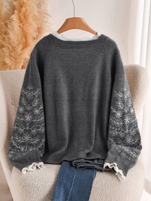 CosyJoli 大尺碼女款花卉刺繡插肩袖休閒寬鬆套頭針織衫，秋冬季 - 深灰色 - 查看 3