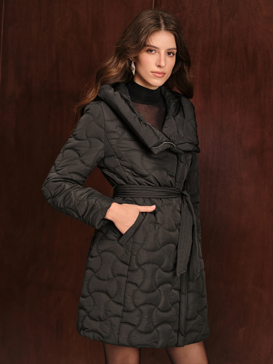 Anewsta Women's Long Sleeve Zipper Front Hooded Winter Jacket With Quilted Stitching - Black - View 1