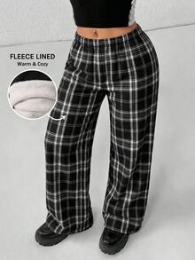 SHEIN 青少年女孩黑白格紋休閒通勤保暖內裡寬腿長褲 - 黑與白 - 查看 1