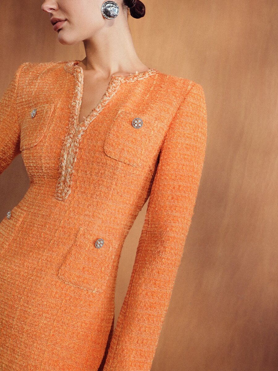 MOTF PREMIUM WOMEN'S V-NECK WAIST-CINCHING RIBBON DECOR MIDI DRESS, AUTUMN/WINTER - Orange - View 2