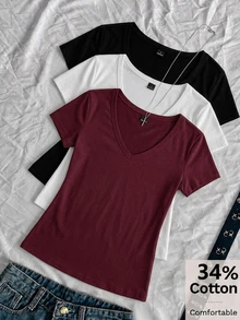 SHEIN EZwear 女款素色V領短袖休閒T恤（3件組） - 彩色 - 查看 1