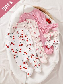 3件組新生女嬰居家服，可愛櫻桃兔子波點印花，荷葉邊長袖連腳連身衣附髮帶 - 彩色 - 查看 4