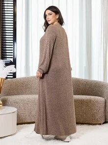 Veilorie كنزة رياضية أنيقة بمقاس كبير بتصميم مربعات وقطع متداخلة وأكمام طويلة 2 في 1 - قهوة بني - مشاهدة 2