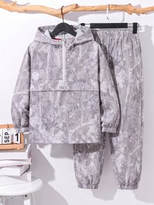 SHEIN 2件組兒童小男孩休閒日常百搭舒適拼接連帽半拉鍊套頭寬鬆長袖外套與寬鬆慢跑長褲梭織套裝，適合學校、花園、海灘、生日 - 彩色 - 查看 1