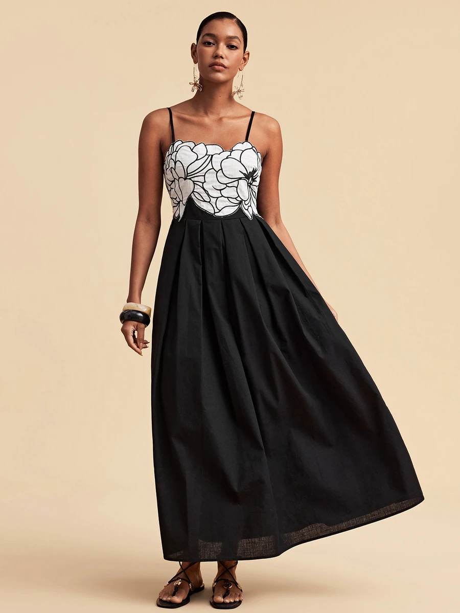 Travachic Elegant Embroidered Fashion Pleated Spaghetti Strap Dress - Black - View 1