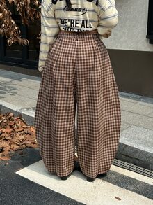 Muchica New Autumn Plus-Size Women's American-Style Plaid Wide-Leg Trousers With Pleats And Curved Hem Fall - Multicolor - View 2