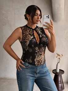Firerie Plus Size Women's Patchwork Leopard Print Cutout Design Fitted Sexy Tank Top - Multicolor - View 6