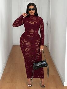 Maweii Plus Size Women Sexy Hollow Out Date Party Dress Fall - Burgundy - View 1