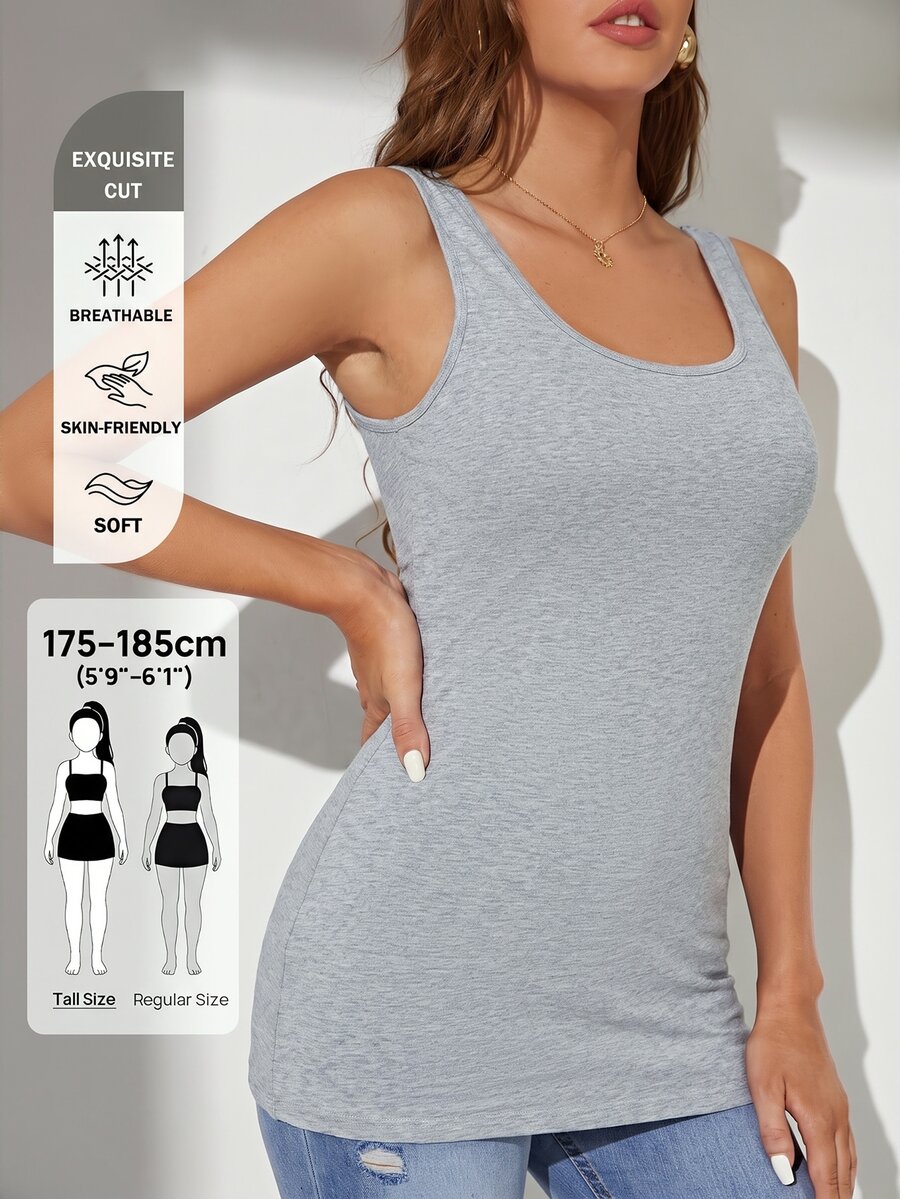 SHEIN Tall 純色圓領背心上衣,高個女性日常外出居家穿著,黑色夏季極簡休閒端莊款 - 灰色 - 查看 1